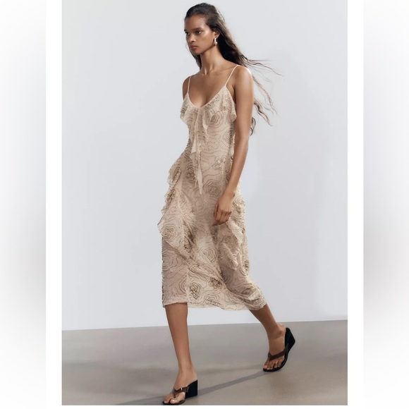 Zara Tan Slip Midi Dress Spaghetti Strap Cocktail- medium - Picture 3 of 4